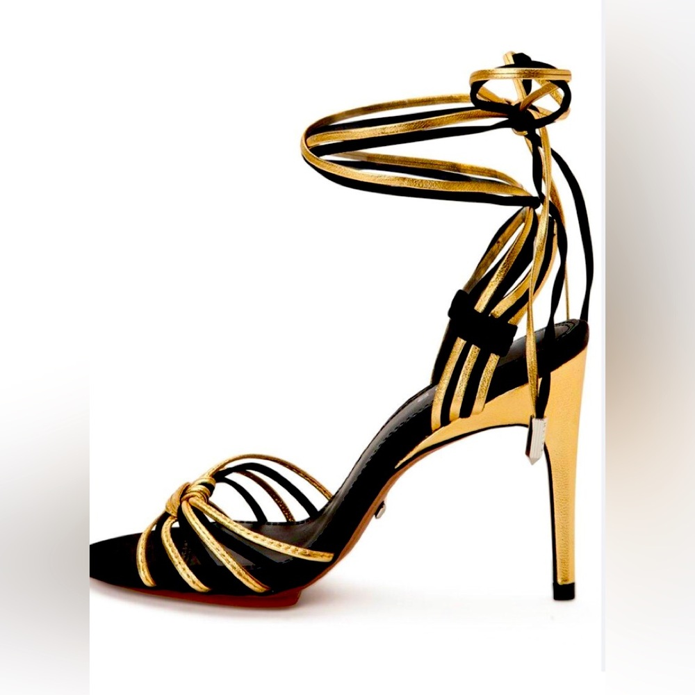 REISS (NWOT)
CASSIDY SANDAL
SIZE EU 38 / US FIT (7.5) 
GOLD / BLACK - Picture 13 of 16